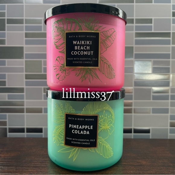 2X BRAND NEW BATH & BODY WORKS 3 WICK CANDLES WAIKIKI BEACH COCONUT PINEAPPLE CO - Picture 2 of 6